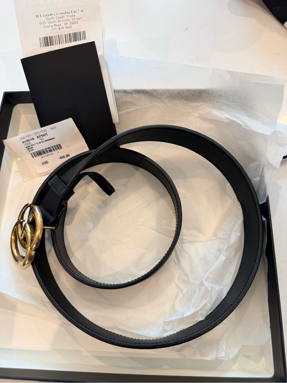 Gucci Black Leather Waist Belt with Double G Gold Buckle size 90
